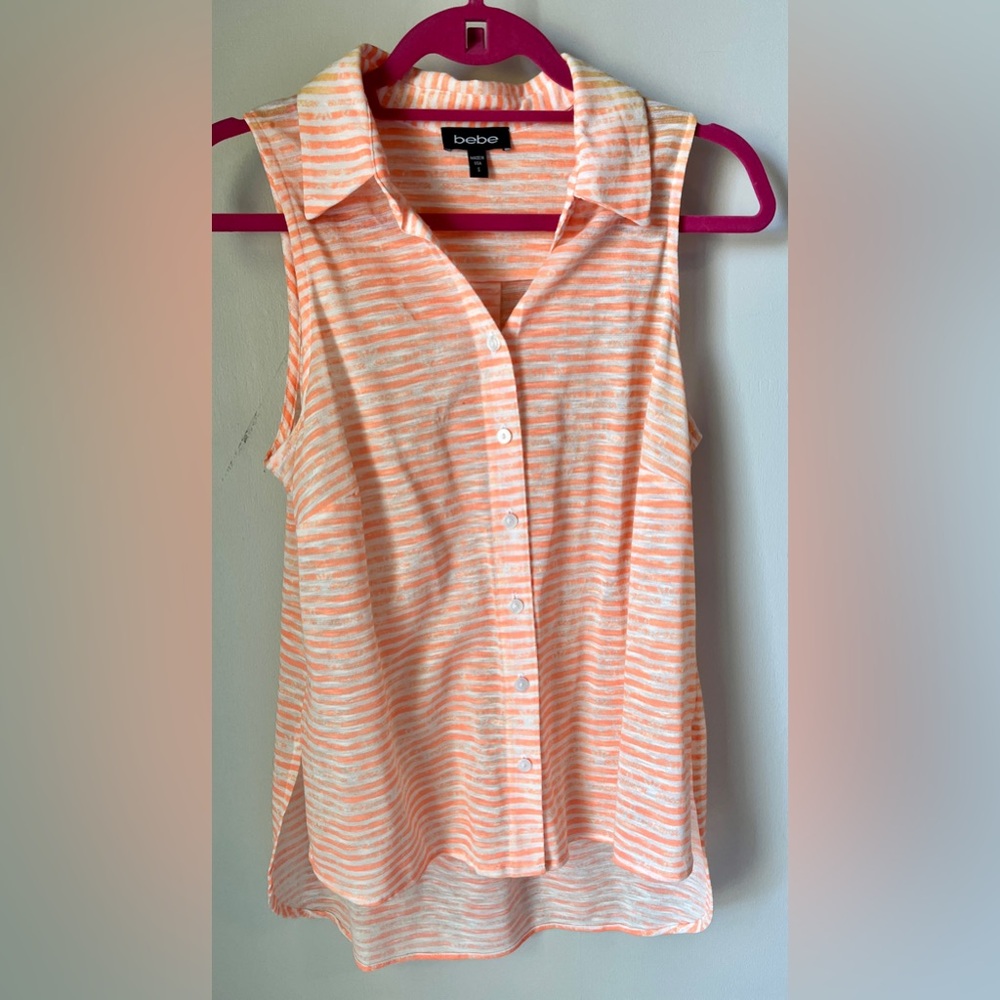Bebe Sleeveless Button-Up Blouse Size S | Ombre Neon Pink, Yellow, White Stripe